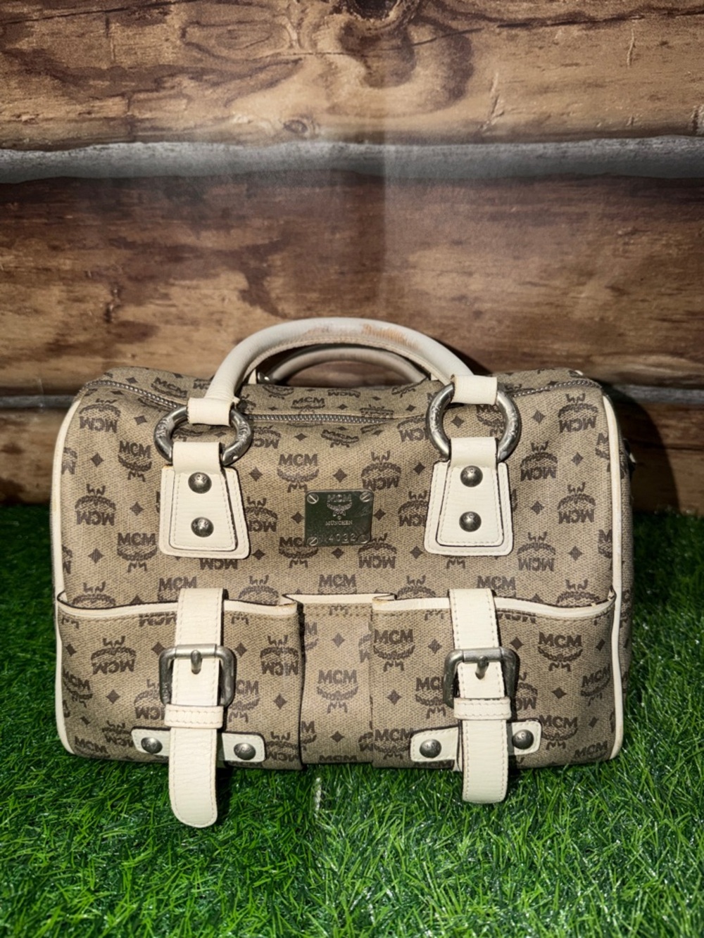 MCM Brown Visetos Monogram Duffel with Cream Trim